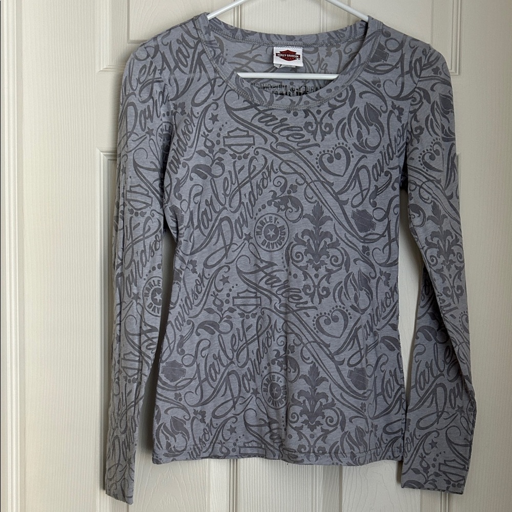 Harley-Davidson Women's Gray Patterned Long Sleeve Top